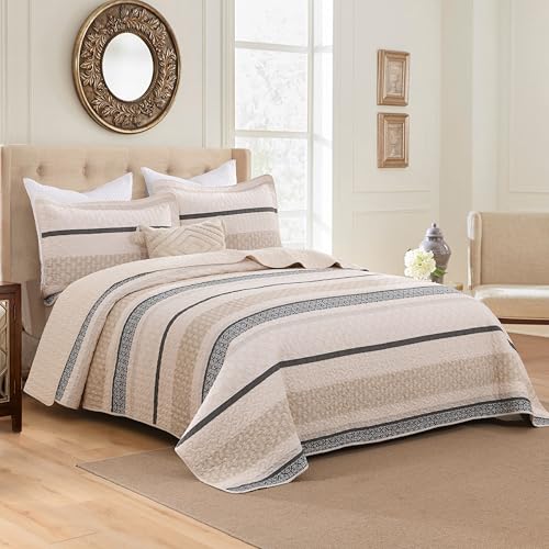 Image of Homzard Quilts Queen Size, Cotton Comforter Set, Beige and Grey Queen Bed Set, Lightweight Striped Bedding, Farmhouse Reversible Bedspread All Season 3 Pieces