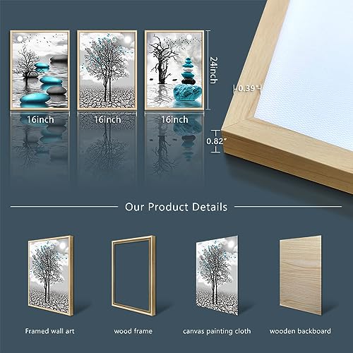 Natural Wood Framed Canvas Wall Art for Living Room Large Size Wall Decor for Bedroom Blue Abstract Wall Pictures Black and White Paintings OfficeWall Decoration Modern Home Decor Framed Art Prints