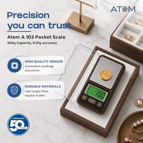 Image of Atom Digital Pocket Scale 300gm x 0.01gm for Diamond, Gold & Precious Gem Stone Scale | Notebook Digital Pocket Scale | Atom A 103 Pocket Scale