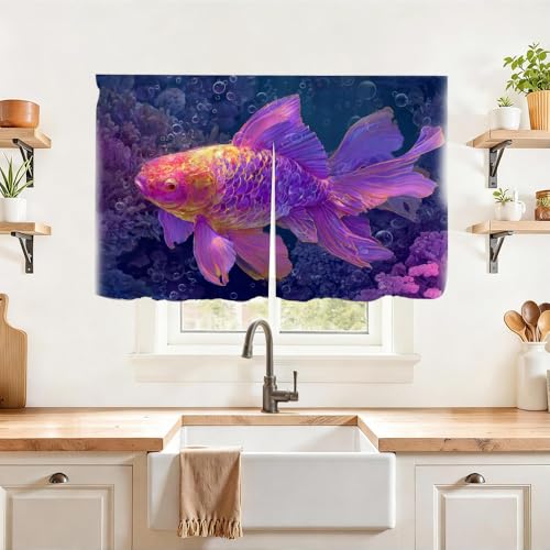 Image of Self Adhesive Purple Goldfish Cabinet Curtain for Mother's Day, 39x28 Inch Underwater Fish Under Sink Skirt No Drill, Spring Cleaning Kitchen Decor, Hook and Loop Laundry Valance