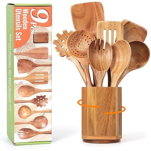 Utensil Cooking Spoon Set with Holder : KINGSOW 9 Pcs Wooden Spoons for Kitchen Nonstick Cookware Cover