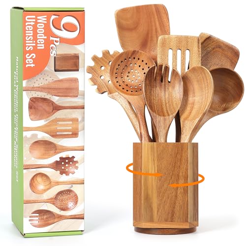 Utensil Cooking Spoon Set with Holder : KINGSOW 9 Pcs Wooden Spoons for Kitchen Nonstick Cookware