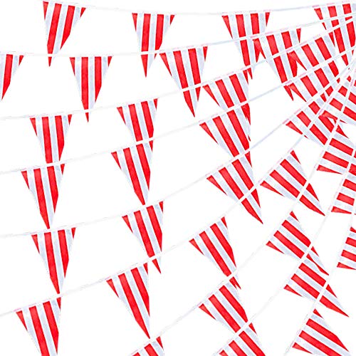 RUBFAC 170ft 120pcs Red and White Striped Pennant Banner Flags String Triangle Bunting Flags, Party Decorations Supplies for Carnival Circus, Birthday, Festival Celebration