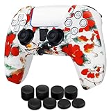 TNP コントローラーケース PS5用 シリコンコントローラースキン Dualsenseカバー用 + 8 Proサムグリップセット Sony PlayStation 5 Skins アクセサリー 赤い花 人間工学的テクスチャグリップ付き