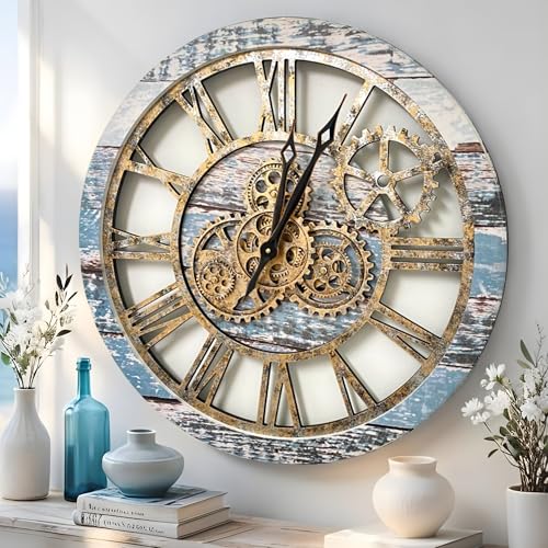 El Reloj de Engranajes El Original con Engranajes Reales en Movimiento - Reloj de Pared Industrial de Gran tamaño (60 cm), Color Verde Aguamarina Vintage y Bronce