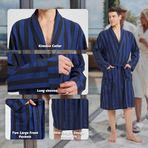 Image of FashGudim Mens Buffalo Plaid Cotton Robe Lightweight Bathrobe Shawl Collar Kimono Sleepwear Loungewear House Robes