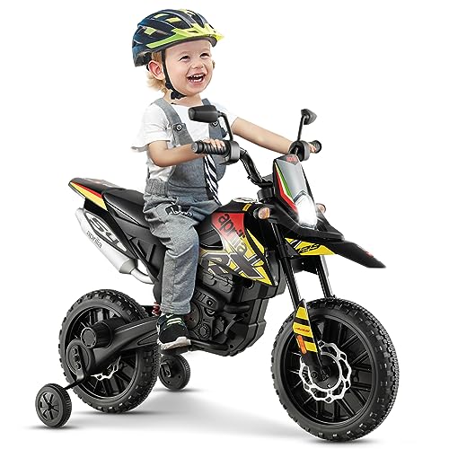 GOPLUS 12V Aprilia Elektro Motorrad, Kindermotorrad mit 2 Stützrädern & Scheinwerfer & Musik für Kinder von 3-8 Jahren, Kinderfahrzeug mit Doppelmotoren & Stoßdämpfer, 5,5-6 km/h (Gelb)