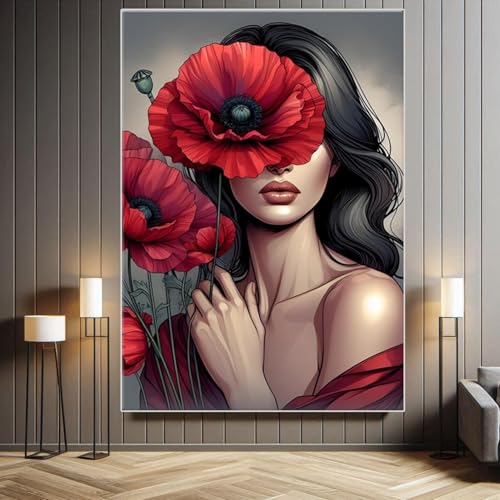 Tableau sur toile femme et fleurs rouges 30x40 cm avec cadre