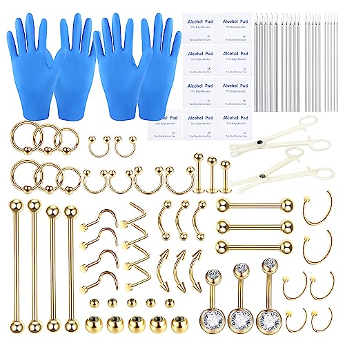 BLZ 90PCS Body Piercing Kit 14K Gold Filled Ear Nose Belly Eyebrow Piercing Needles 20G 18G 16G 14G 12G Body Piercing Kit Piercing Clamps Gloves Piercing Tools for New Piercing