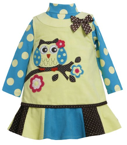 Bonnie Jean Girls Owl Corduroy Jumper Dress & Shirt Set, Yellow, 12 Months