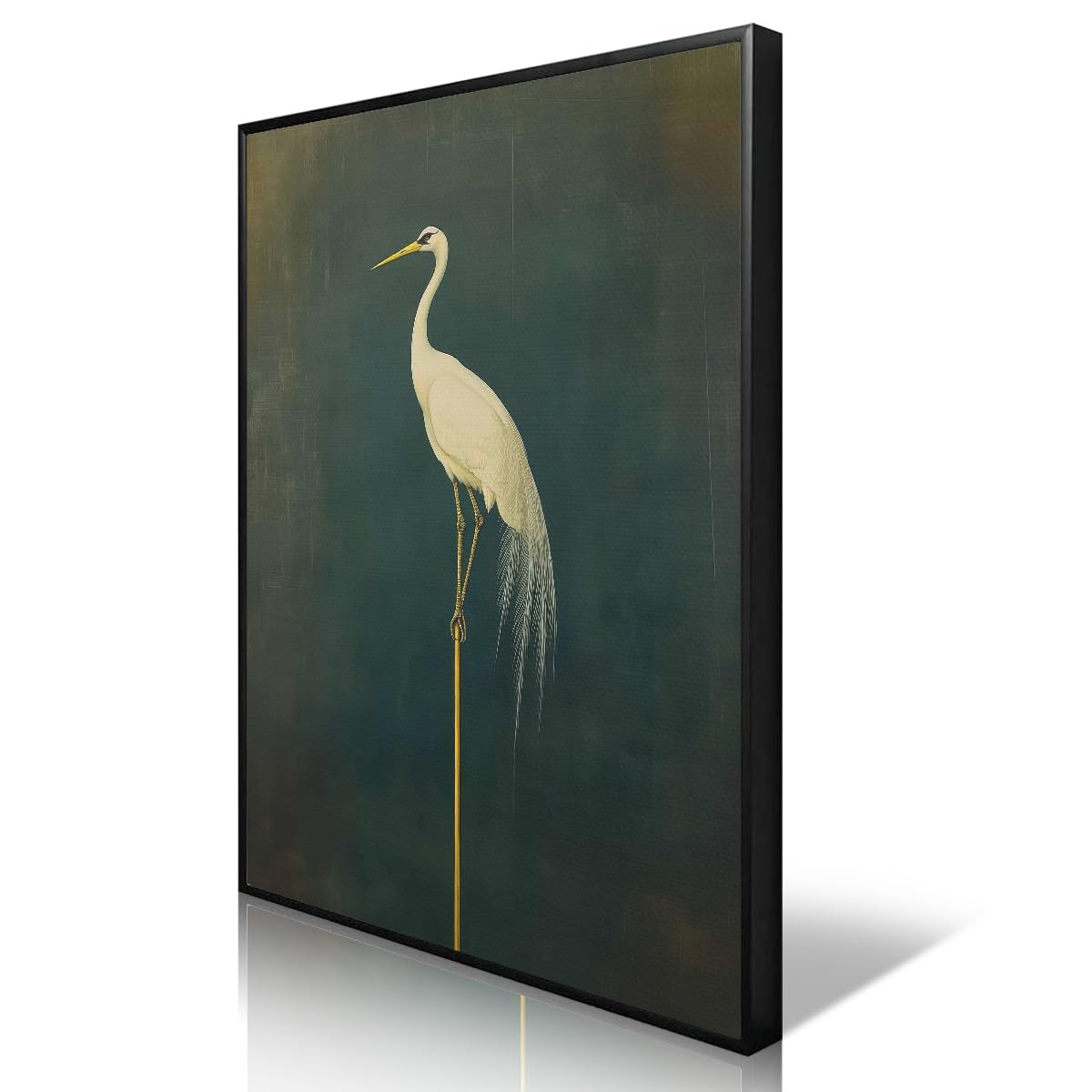 Yaasilinage Japanese Crane Canvas Wall Art, Antique Bird Painting Green Poster, Asian Japandi Animal Picture for Wall Decor, Classic Bird Print for