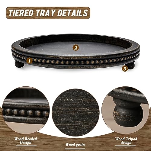 KULEDM Wooden Tray Decor, Small Beaded Coffee Table Tray Decor, Black Round Decorative Tray for Coffee Table, Dining Room Table Entryway and Living Room Table