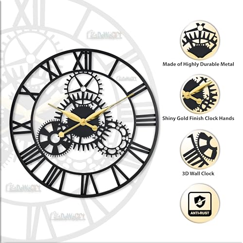Image of 24 Inch Large Metal Wall Clock with Fixed Gears - Decorative Industrial Vintage Wall Watch Sculpture for Living Room, Bedroom & Office - Modern Silent Quartz Roman Numeral Home Decor
