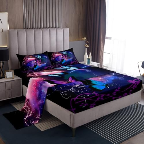 jejeloiu Butterfly Fitted Sheet Twin Size Kids Butterflies Print for Girl Butterfly Floral Bed Sheets Set Purple Bedding Set Room Decor