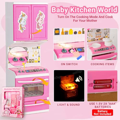 Image of Zest 4 Toyz Unicorn Kitchen Set for Kids Girls Cooking Pretend Playset Birthday Gift with Openable Door & Accessories Pink