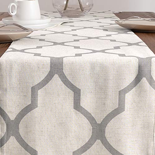 Jinchan Moroccan Tile Print Table Runner Farmhouse Linen Table Runners 72 Inches Long Coffee Table Decor For Dresser Geometric Trellis Printed Kitchen Dining Room 1 Panel 13X72 Inch Soft Grey On Beige #TOP2