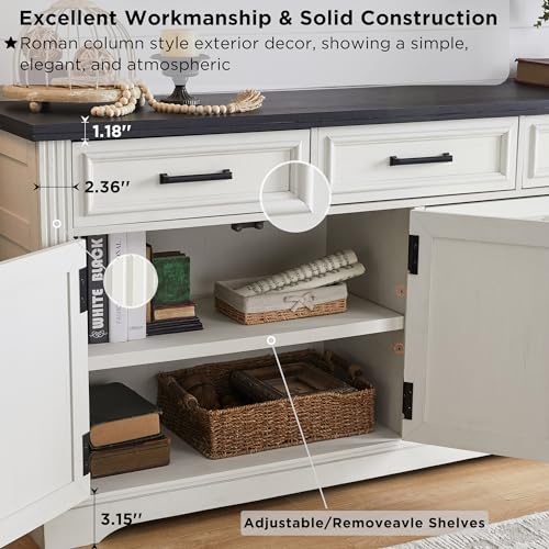 Image of JXQTLINGMU 66 inch Farmhouse Buffet Cabinet with Storage, Sideboard Credenza, Carved Cloud-Inspired Doors, 3 Drawers & Adjustable Shelves, Coffee Bar Cabinet, Off White