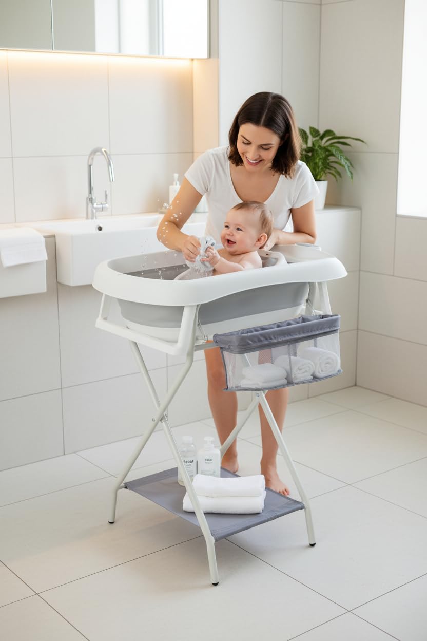 Bañera extra para bebé con soporte de aumento de altura, bañera plegable para 0-24 meses, 84 cm, gris