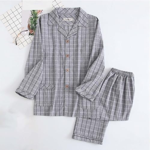 2 Pcs Mens Cotton Pajama Set Plaid Printed Long Sleeve Fall Summer Pajamas Nightwear Lapel Button Down Loungewear2