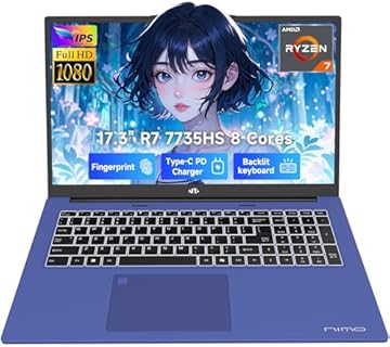 NIMO 17.3" Business-Laptop, AMD Ryzen 7 7735HS (8C/16T), 16GB RAM 2TB NVMe SSD, Radeon 680M for Light Gaming, PD 100W Type-C WiFi-6E BT5.2 Fingerprint Unlock Backlit Keyboard for Working & Student