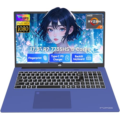 NIMO 17.3" Business-Laptop, AMD Ryzen 7 7735HS (8C/16T), 16GB RAM 2TB NVMe SSD, Radeon 680M for Light Gaming, PD 100W Type-C WiFi-6E BT5.2 Fingerprint Unlock Backlit Keyboard for Working & Student