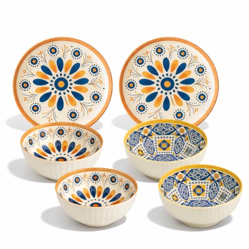 Image of 6-Piece Bohemian Porcelain Dinnerware Set - Microwave & Dishwasher Safe Boho Plates and Bowls Set - Premium Chip-Resistant Ceramic for Everyday Dining - Blue & Gold, Mandala & Mosaic Design