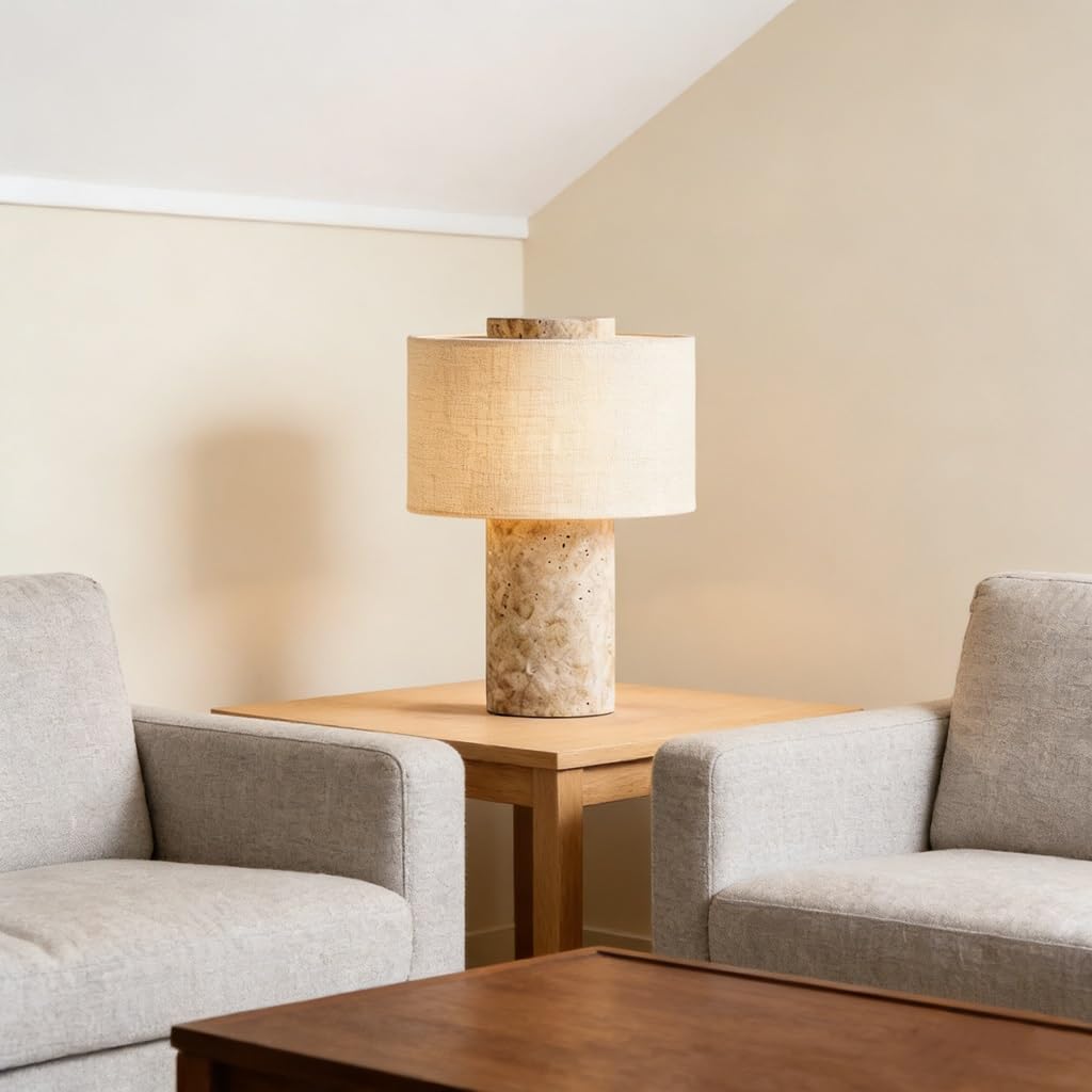 Lámpara de mesa de mármol, lámpara de escritorio de piedra natural y tela, decoración sencilla de lujo for habitación, lámpara de mesita de noche for dormitorio, sala de estar(Travertine,Plug-in)