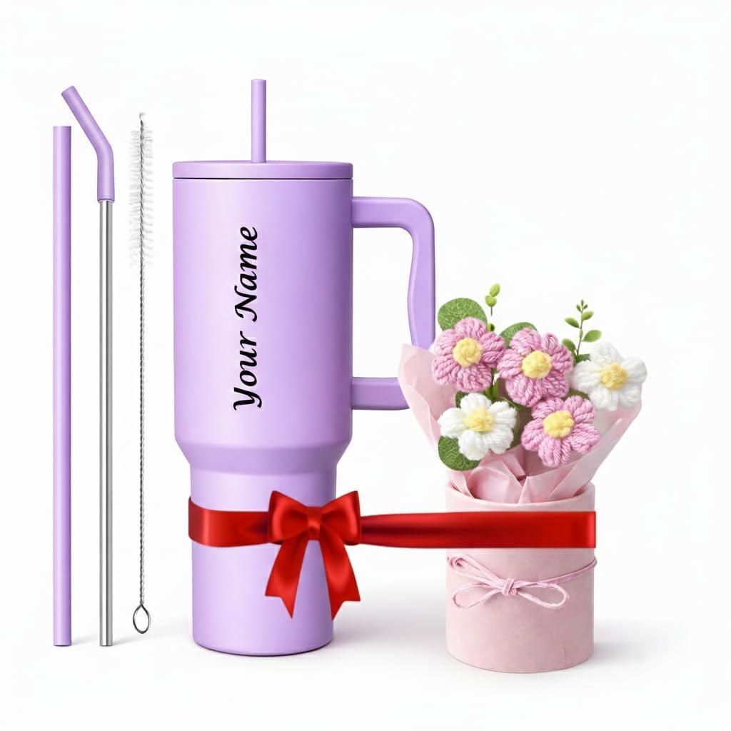 COMFYPOT 1200ml Steel Tumbler with Straw | Personalized Tumbler + Crochet Flower Bouquet Gift for Birthdays, Weddings, Anniversaries – Gift for Women, Men, and Girls