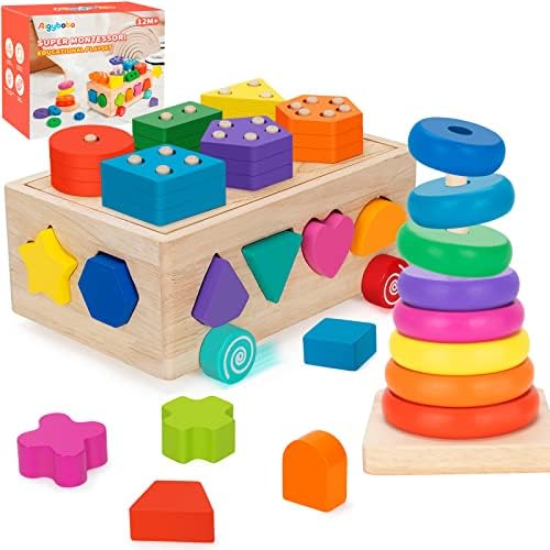 Aigybobo Montessori Toys for 1 Year Old, Baby Toy 12-18 Months, Wooden Shape Sorting & Ring Stacking Toys for Toddlers and Kids Preschool, Ideal Gift for Boys Girls Age 1 2 3 Years Old