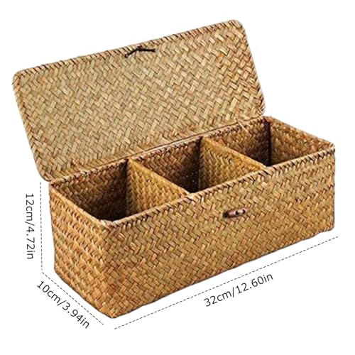 Cesta de mimbre con tapa de 3 secciones organizador de escritorio rectangular 6