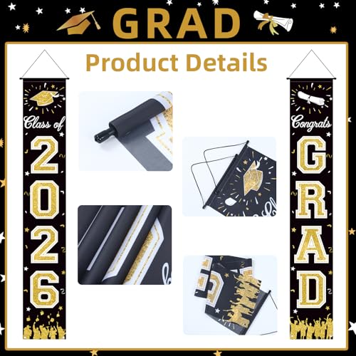 Image of 2026 Graduation Decorations, Black Gold Graduation Banner Class of 2026, Hanging Congratulations /Congrats Grad Porch Banner for Door Schools Grad Party Decorations Black