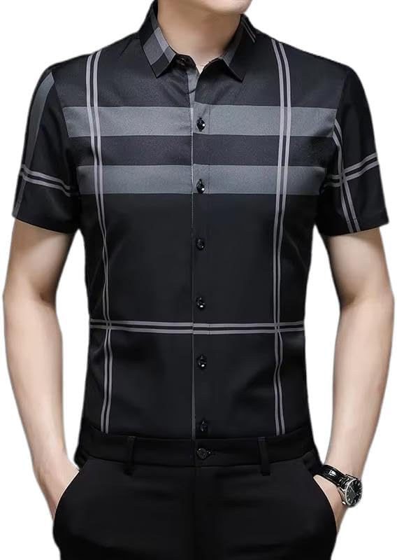 Mens Business Casual Short Sleeve Shirt Plaid Button Up Work Office Classic Style