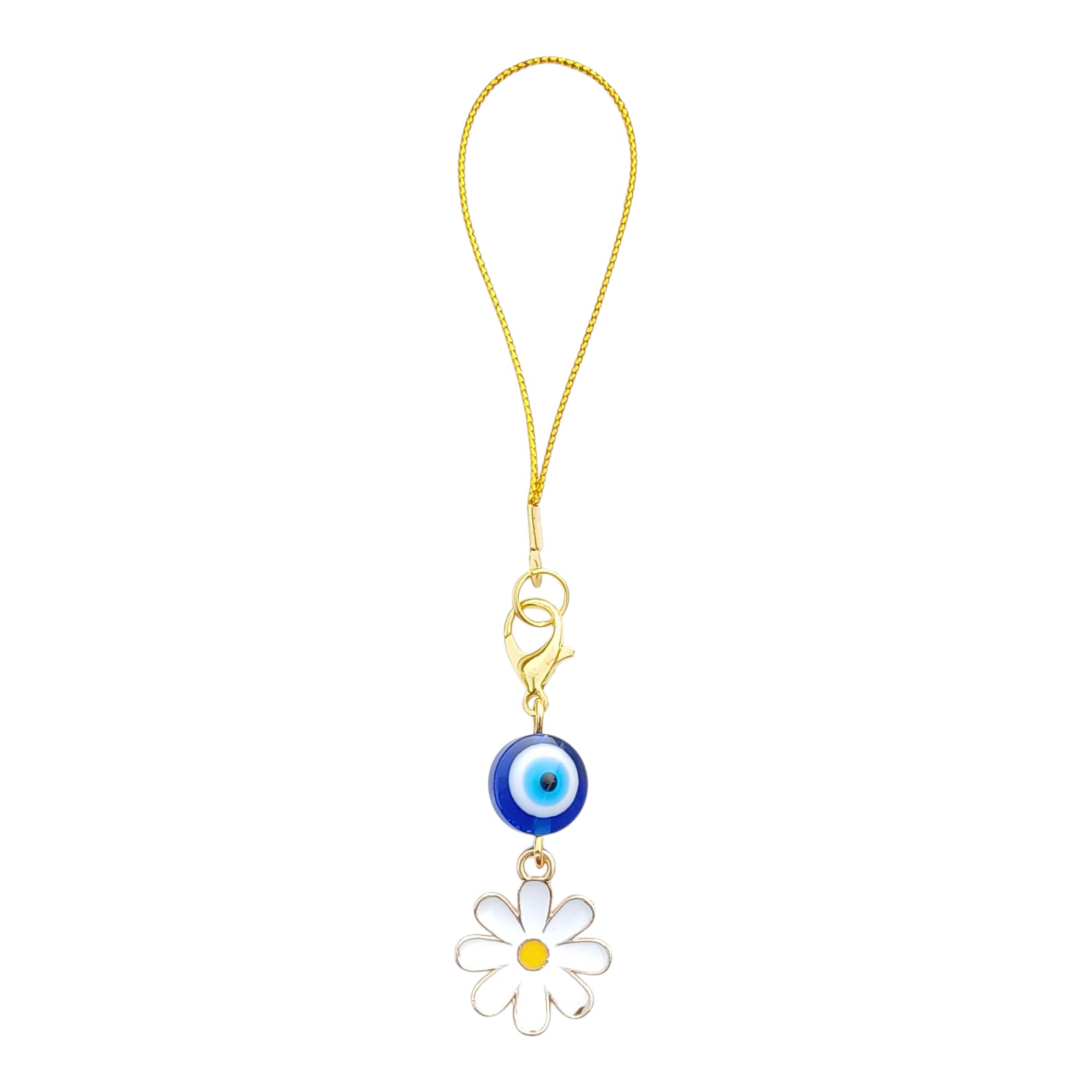 Evil Eye Daisy Charm Phone Strap, White Flower with Blue Evil Eye Bead, Gold-Tone Lanyard for Bags and Wallets-image-26