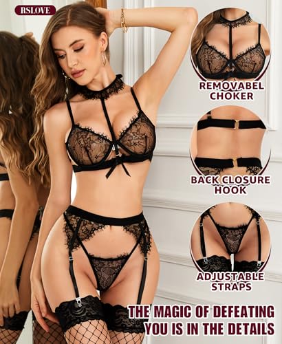 RSLOVE Lingerie Sets for Women Sexy - Floral Lace Underwire Removable Choker Garter Belt Sheer Bra and Panty Set - image 3