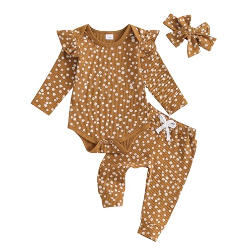 Image of Mandizy Baby Girl Clothes Ribbed Ruffle Long Sleeve Romper Pant Set Newborn Infant Fall Winter Floral Print 3Pcs Outifts