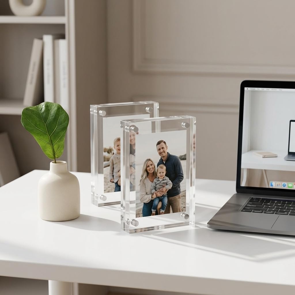 2 Pack Clear Desktop Double Sided Magnetic Picture Display Acrylic Photo Frame (Clear, 2x3")