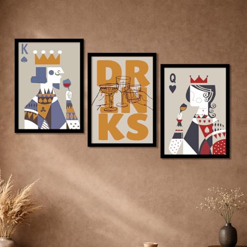 Image of PAINTINGMANTRA Poker King Queen Retro Graphic Framed Poster for Living Room inchDrinks inch Retro Framed Painting for Home Decor Bar Pub Lounge Dining area restaurant Hotel Set of 3, Size 33x45 cm