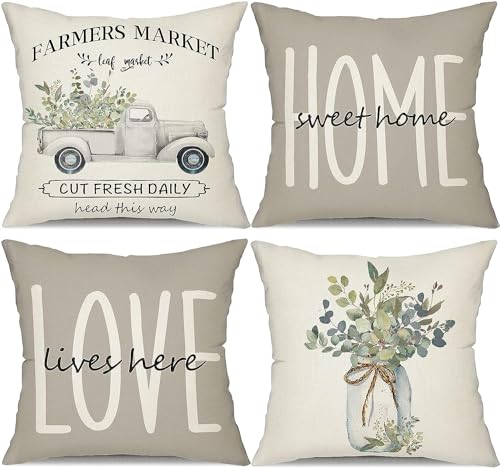 Lot de 4 housses de coussin carrées en lin avec motif paysage gris clair 45 x 45 cm