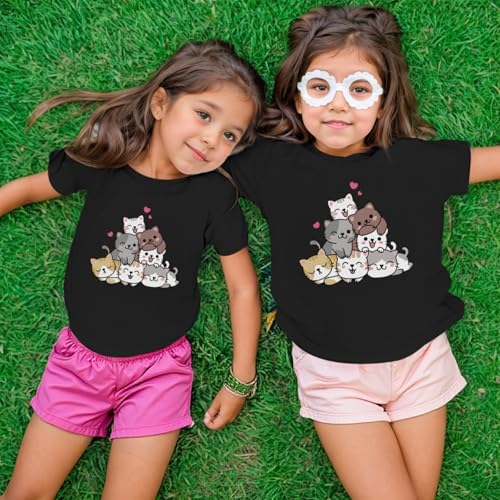 Image of KEEVICI Cute Cartoon Cat Shirts for Girls Kids Graphic Tees Kawaii Animal Pattern T Shirt Cotton Crewneck Summer Loose Tops