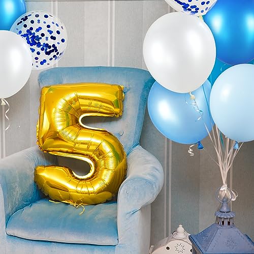 Image of 68Pcs Blue and White Balloons Kit 12 Inch, Blue Confetti Balloons Light Blue Baby Blue Pearl White Party Balloons with Ribbons for Birthday, Wedding, Baby Shower, Graduation Decorations
