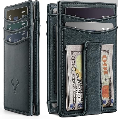 Image of Contacts RFID Blocking Magnetic Closure Slim Genuine Leather Front Pocket Wallet for Men Holds up to 12 Cards Including 1 ID Window with Money Clip (Blue)