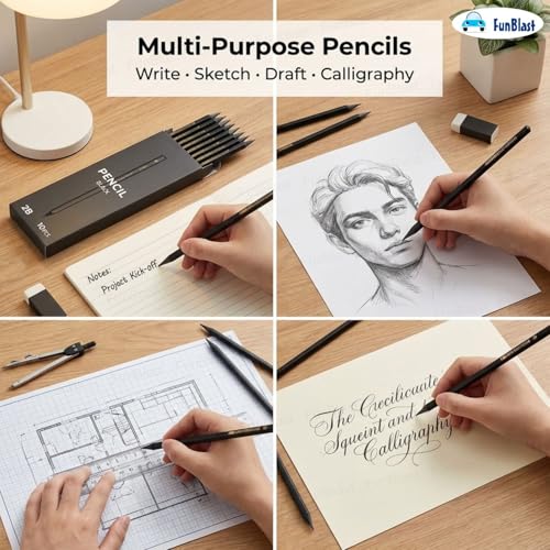 Image of FunBlast 2B Pencils - Pack of 10 Pcs Black Wood Art Pencils for Writing, Sketching, Drafting and Calligraphy, Aesthetic Pencil Set for Kids, Adults, School & Office
