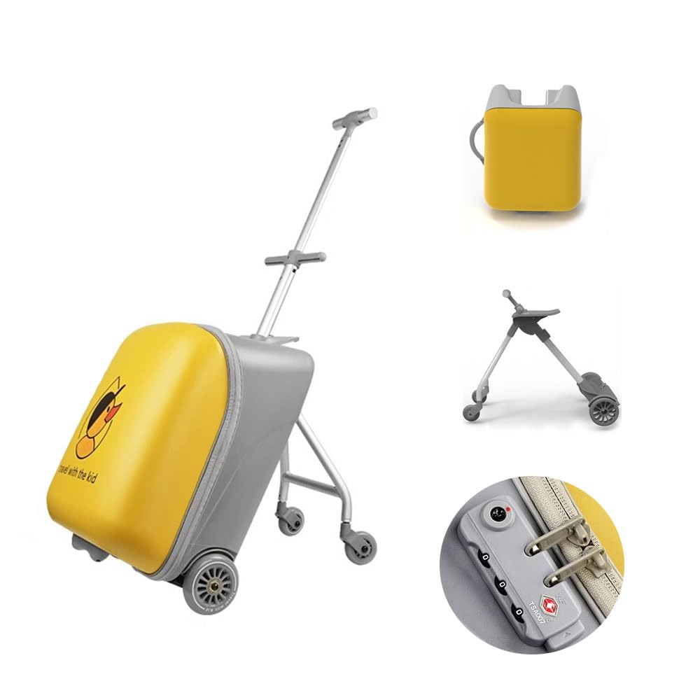 2-1 Suitcase,Travel Luggage Bag with Detachable Kids Stroller,Children's Ride On Suitcase with 2 Universal Wheels,Rolling Carry-On Luggage with Lock,Trolley Luggage Case with Silent Wheels (A, Yellow)