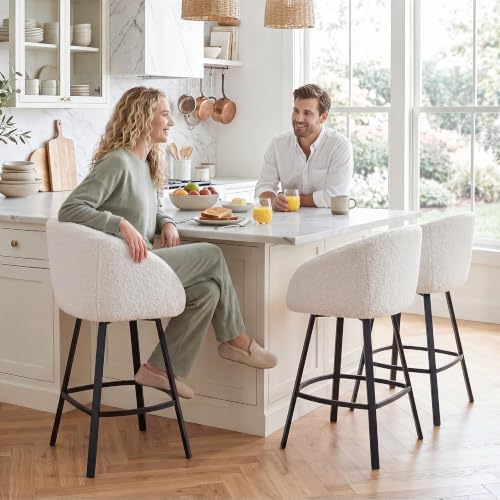 Image of Zesthouse Swivel Counter Stools Set of 2, 26 inch Modern Bar Stools for Kitchen | Barrel barstools with backs & arms, upholstered black sherpa fabric, metal stool chairs for kitchen island, easy to install
