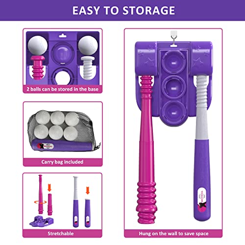 Qdragon 2 In 1 T Ball Sets For Kids 3-5 5-8, Tee Ball Set With Automatic Pitching Machine/Adjustable Batting Bat & Stand/6 Balls, Baseball Toys Outdoor Sport For Toddlers Girls, Pink #TOP4