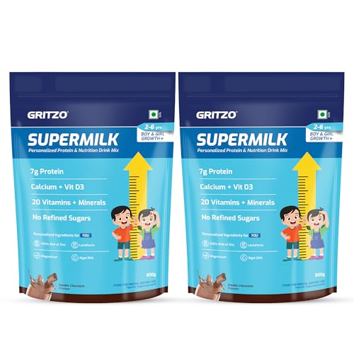Image of Gritzo SuperMilk Growth+ (Formerly Height+) (2-6y Boy & Girl), 7g Protein Powder (Double Chocolate, 800g) | Pack of 2