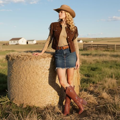 Image of VOMIRA Knee High Cowboy Boots for Women Pointed Toe Chunky High Heels Pull-on Embroidered Boots Western Boots Wide Calf Cowgirl Boots