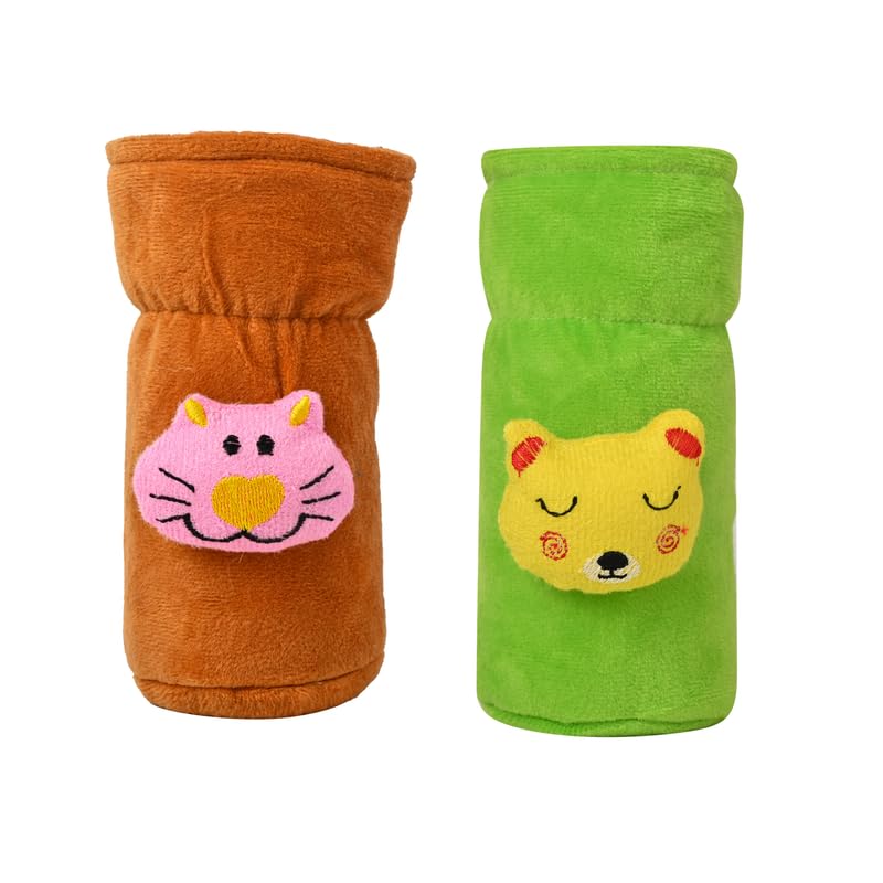 Image of Soft Plush Stretchable Baby Feeding Bottle Cover Easy to Hold Strap with Cute Animated Cartoon| Suitable for 60-125 Ml Feeding Bottle (Brown-Green)
