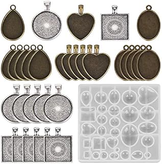 30 Pieces Pendant Trays for DIY Making, 5 Styles Blank Round & Square & Heart & Teardrop & Oval Pendant Trays and 1PCS Resin Mold for Necklaces Bracelet Keyring Crafting DIY Gift Making