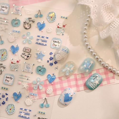 Image of Blue Nail Art Stickers Heart Clock Nail Decals Summer Nail Stickers 1Sheets | Cute Cartoon Nail Decals with Star Flower Design 5D Self Adhesive Cherry for Girls Daily Manicure Decor Accessories Supply